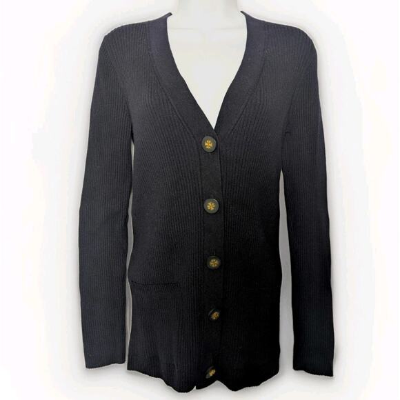 Tory Burch Simone Ribbed Cardigan Black Merino Wool Pockets Logo Buttons Size M - Picture 1 of 6